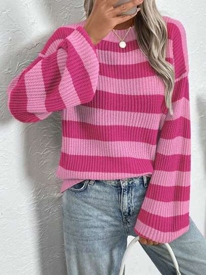 Calvaya Plus Size Round Neck Striped Print Casual Long Sleeve Pullover Sweater, For Winter Knit Pullover Fall Outfit