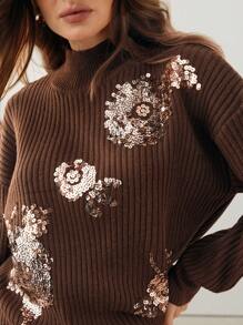 Anewsta 时尚都市通勤风精致亮片刺绣装饰宽松毛衣 - 棕色 - 查看 2