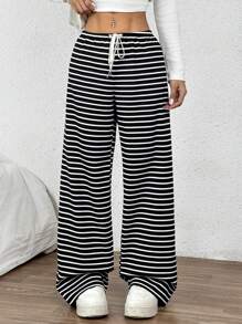 SHEIN EZwear 女式黑白条纹针织保暖内衬休闲阔腿裤，冬季保暖 - 黑與白 - 查看 5
