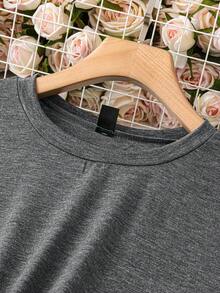 SHEIN LUNE 大码女式纯色圆领短袖系带休闲连衣裙节日派对连衣裙女士派对连衣裙 - 深灰色 - 查看 4