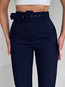 EURMUSE Women's Straight Leg Elegant Dress Pants With Waist Button & Eyelet Design - Navy Blue - View 6
