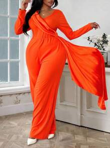 Maweii 大码纯色 V 领裹身长袖连体裤