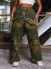 Slaydiva Plus Size Casual Camouflage Print Straight Leg Jeans - Multicolor - View 1