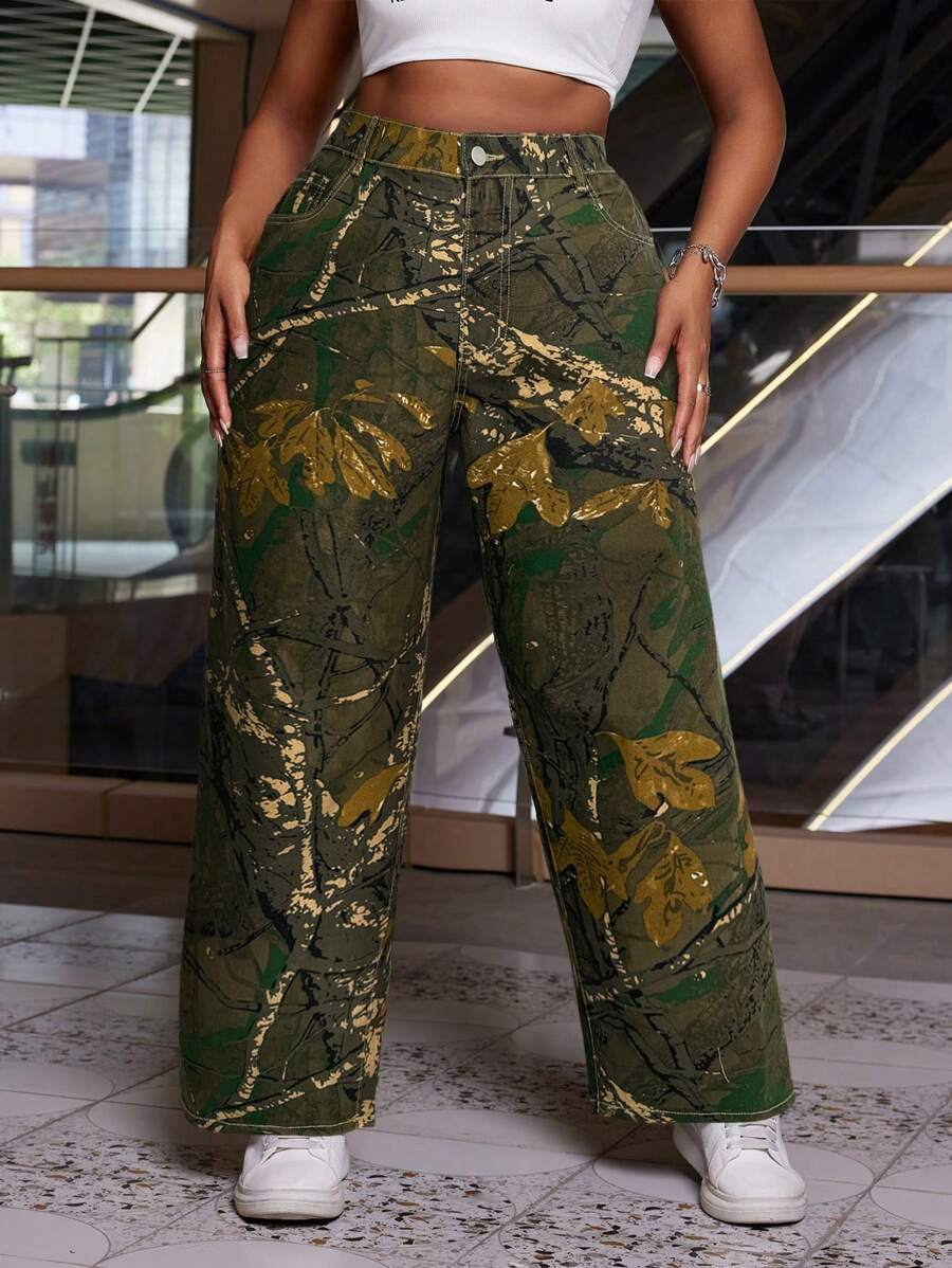 Slaydiva Plus Size Casual Camouflage Print Straight Leg Jeans - Multicolor - View 1