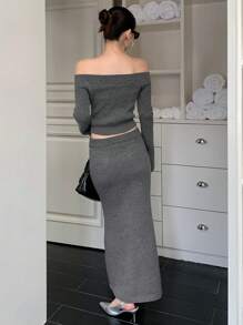 DAZY 2pcs/Set Women Off Shoulder Solid Color Long Sleeve Top And Skirt Casual Set,Fall Clothes Women Sweater - Grey - View 5