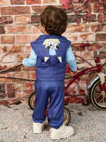 SHEIN This 3-Piece Baby Boys Cartoon Animal Pattern Vest Jacket Set With Long Sleeve T-Shirt And Pants Adds A Touch Of Cuteness And Warmth To Baby's Winter Outfit. Specially Designed For Cold Weather, It Provides All-Around Warmth And Comfort For The Baby.