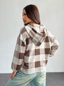 SHEIN PETITE 格纹半纽扣落肩连帽衫 - 咖啡棕 - 查看 2