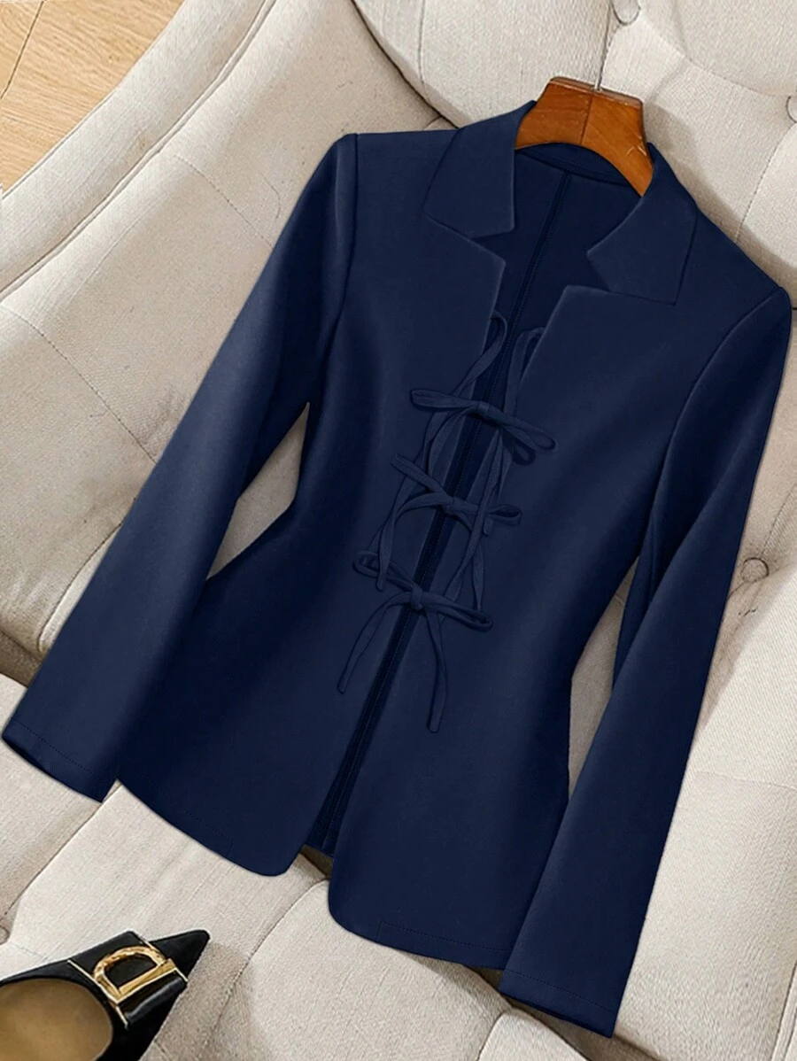 Franclia Áo len cardigan dệt kim cổ bẻ tay dài thắt nơ phía trước - Màu xanh hải quân - Xem 1