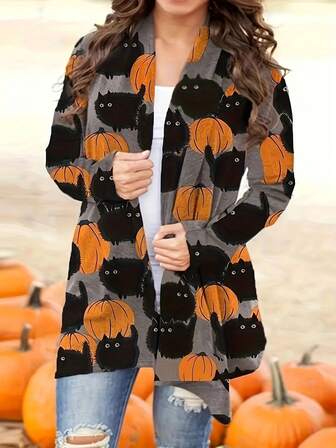 Plus Size Women's Comfortable Halloween Pumpkin Fun Graphic Print Long Sleeve Front Cardigan