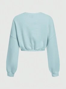 SHEIN BASICS 运动舒适羊毛纯色落肩短款运动衫 - 淺藍色 - 查看 2