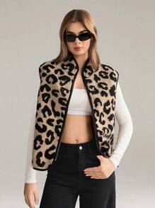 SHEIN Unity New European & American Style French Design Faux Shearling Leopard Print Women Jacket - Multicolor - View 5
