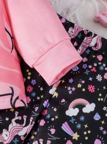 SHEIN Playful Pals 2pcs/Set Baby Girl Toddler Casual Everyday Soft Comfortable Round Neck Pullover Sweatshirt And Leggings Outfit, Unicorn Print T-Shirt & Pants Set, Autumn/Winter