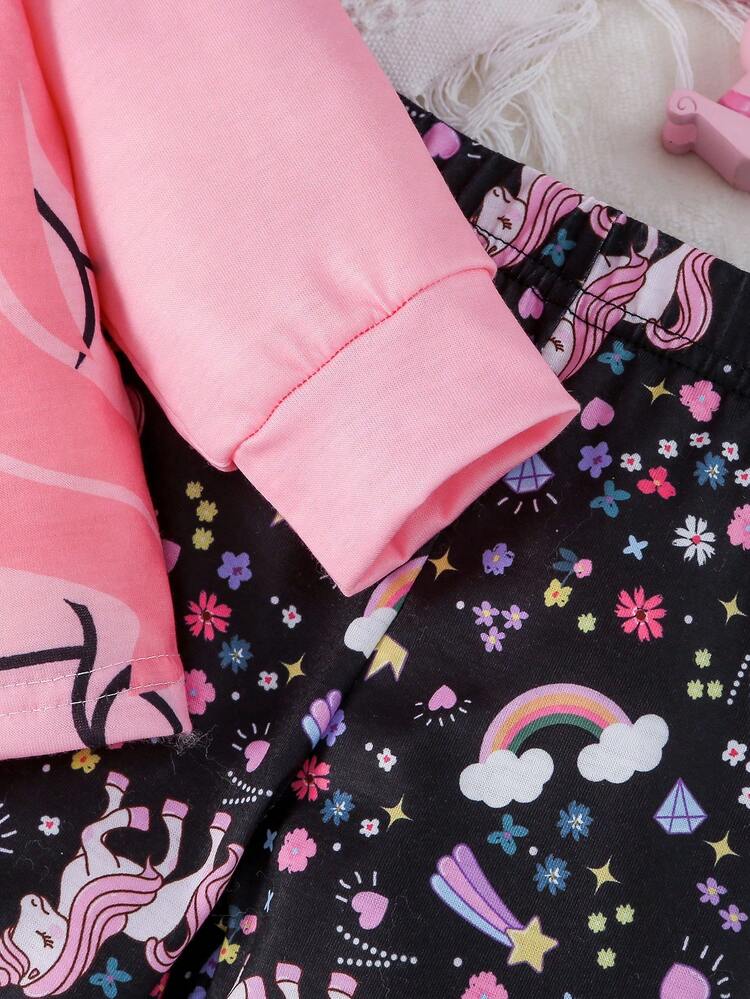 SHEIN Playful Pals 2pcs/Set Baby Girl Toddler Casual Everyday Soft Comfortable Round Neck Pullover Sweatshirt And Leggings Outfit, Unicorn Print T-Shirt & Pants Set, Autumn/Winter - Dusty Pink - View 5