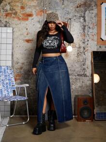 SHEIN ICON Váy chữ A denim cạp chéo màu trơn cỡ lớn - Rửa tối - Xem 6