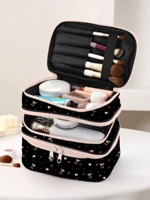 Trape Graphic Bolsa de cosméticos con patrón de rosa y moño estilo Kawaii de 3 capas, con forma cuadrada para maquillaje, ideal para vacaciones, Año Nuevo y Día de San Valentín
