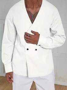 Manfinity Homme 男士休闲纯色 V 领双排扣衬衫，春/秋 - 白色 - 查看 7