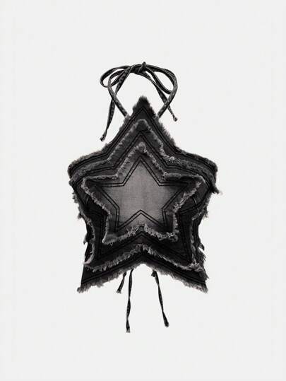 ROMWE Grunge Punk Chaqueta vaquera con parche de estrella de aventura al aire libre en estilo vintage lavado punk