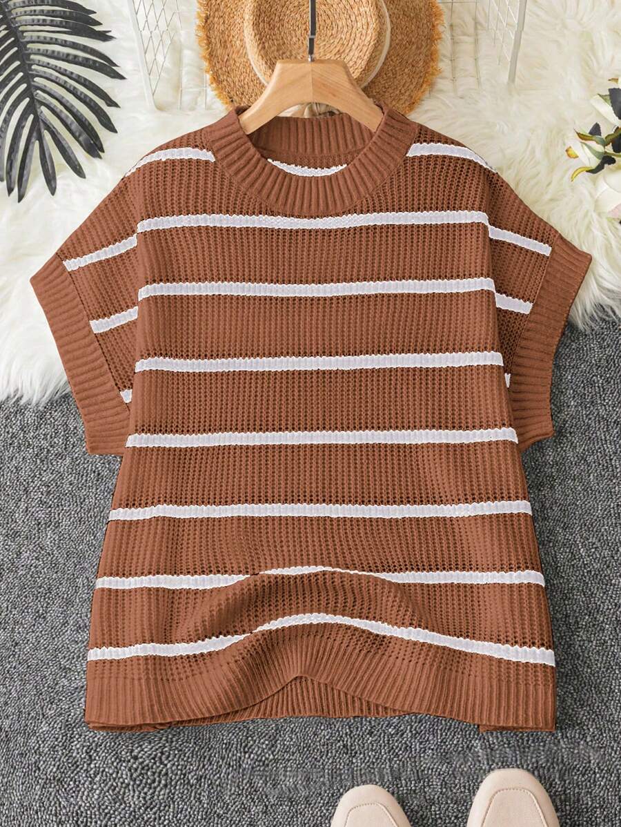 Calvaya 大码休闲宽松条纹蝙蝠袖针织毛衣，秋季