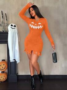 VaVaBold Vestido de suéter con capucha sexy, ajustado y calado con estampado de calabaza con dientes grandes para Halloween, ropa de color naranja