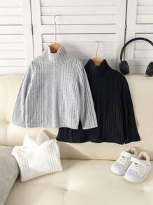 SHEIN 3 stuks/set babyjongens basic effen kleur hoge kraag lange mouwen gebreide truien, herfst/winter