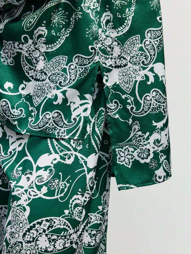 SHEIN Maija 2pcs Floral Print Boho Casual Blouse Shirt And Ruffle Trim Pants Set, For Women, Suitable For Autumn Vacation