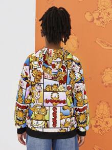 GARFIELD | SHEIN Tween Boy Casual Cartoon Patchwork Print Drop Shoulder Loose Hoodie Sweatshirt - Multicolor - View 4