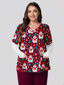 PopScrub Plus Size Cute Snowman Print V-Neck Short Sleeve Pocket Nurse Uniform Top Cute Cartoon Snowman Print Plus Size V-Neck Short Sleeve Pocket Scrubs Top, Suitable For Women Santa Claus With White Beard Cartoon Themed Nursing Uniform Top, Christmas Women Clothes