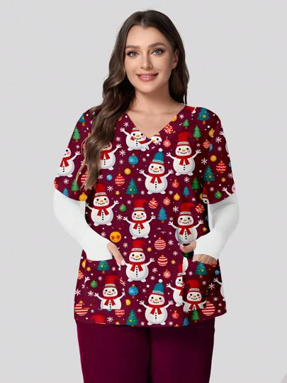 PopScrub Plus Size Cute Snowman Print V-Neck Short Sleeve Pocket Nurse Uniform Top Cute Cartoon Snowman Print Plus Size V-Neck Short Sleeve Pocket Scrubs Top, Suitable For Women Santa Claus With White Beard Cartoon Themed Nursing Uniform Top, Christmas Women Clothes