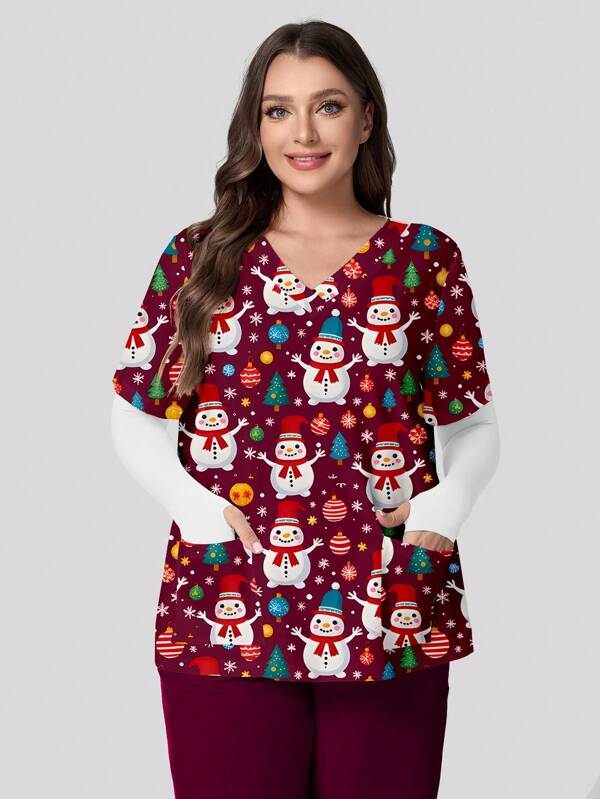 PopScrub Plus Size Cute Snowman Print V-Neck Short Sleeve Pocket Nurse Uniform Top Cute Cartoon Snowman Print Plus Size V-Neck Short Sleeve Pocket Scrubs Top, Suitable For Women Santa Claus With White Beard Cartoon Themed Nursing Uniform Top, Christmas Women Clothes