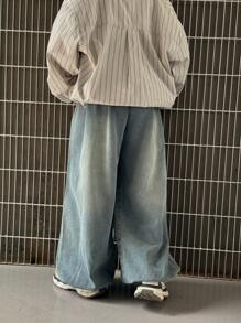 SHEIN 青少年男孩时尚休闲复古蓝色牛仔宽松舒适灯笼牛仔裤，适合日常穿着的男孩服装和秋冬儿童服装 - 藍色 - 查看 2