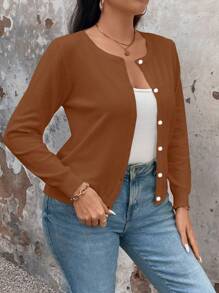 SHEIN Clasi Plus Size Casual Solid Color Cardigan, Versatile For Spring And Autumn, For Winter Fall Cloth For Women - Brown - View 5