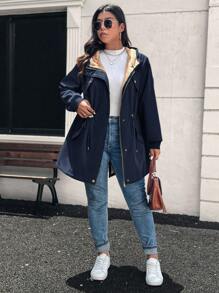 SHEIN LUNE Áo khoác dài tay có dây rút eo cỡ lớn cho nữ, áo khoác nỉ, quần áo mùa đông cho nữ, quần áo mùa đông - Màu xanh hải quân - Xem 9