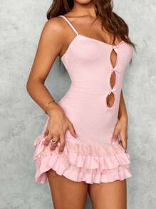 SHEIN SXY Fall Women Clothes;Pink Sweet Girl Ballerina Style Multi-Layer Ruffle Cake Skirt Dress With Bowknot Lace Spaghetti Strap Mini Dress Olid Color Party/Date Night/Party Mini Dress Sexy Elegant Mini Dress/Valentine's Day Dress/Homecoming Prom Dress