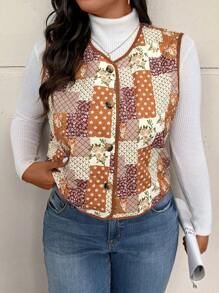 SHEIN Frenchy Plus Size Vintage Print Casual Padded Coat, Suitable For Daily And Home Wear, Winter - Multicolor - View 2