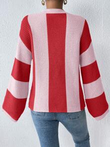 Calvaya Suéter de mujer informal con cuello redondo, contraste de color, hombro caído y manga acampanada, para otoño/invierno