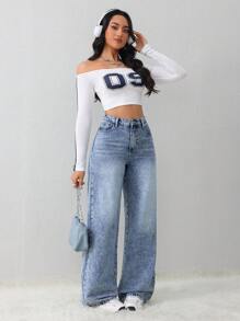 SHEIN Tall 女士牛仔裤休闲宽松直筒裤蓝色冬季牛仔裤高腰女士牛仔裤 - 淺色水洗藍 - 查看 4