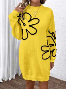 SHEIN LUNE Váy len dài tay cổ tròn hở vai họa tiết hoa thường ngày cho nữ, mùa thu/đông - Màu vàng - Xem 5