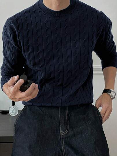 Manfinity Homme Men's Solid Color Round Neck Casual Versatile Long Sleeve Pullover Sweater, For Fall Winter