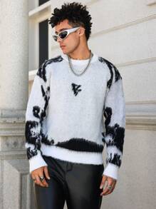 Manfinity Hypemode Men's Round Neck Long Sleeve Graphic Detail Casual Sweater - White - View 5