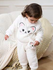 SHEIN Baby Girls' Cute Cat Embroidered Plush Bag And Warm Outfit Set - Multicolor - View 3