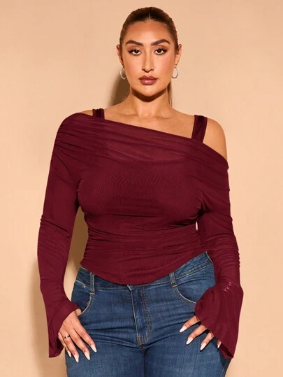 SHEIN BAE Plus Size Asymmetrical Neck Trumpet Long-Sleeved Camisole Fake Two Elegant And Sweet Tops, Suitable For Daily Outings And Dates