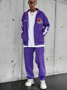 PAVTROS 男士字母印花拉链抽绳连帽运动衫和裤子休闲两件套，春秋装，男士两件套服装，男士运动服，返校服装，紫色运动衫 - 紫色 - 查看 6