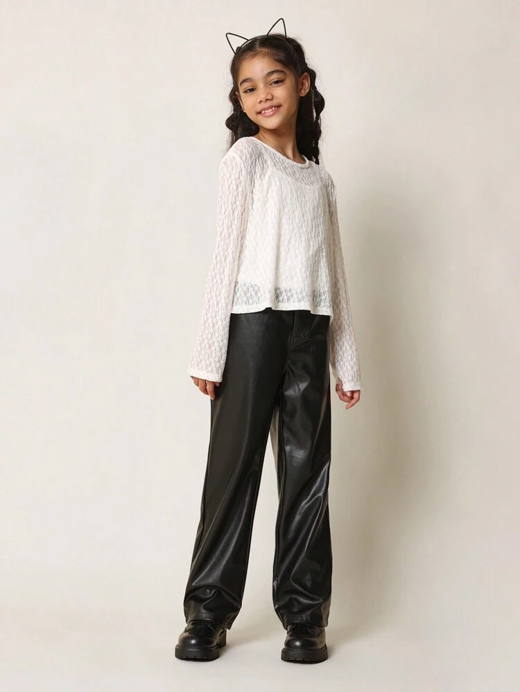 트윈 걸즈 릴랙스드 긴 소매 레이스 오버 탱크톱 및 PU 팬츠 3피스 세트