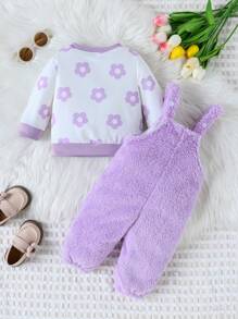 SHEIN Vintaside Kids Bộ áo liền quần hai mặt bằng vải nỉ họa tiết hoa, màu trơn, ấm áp cho bé gái, không kèm áo trên, thích hợp cho mùa thu/đông. - Màu tím - Xem 2