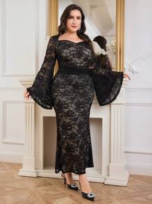 Modelyn Plus Size Elegant Lace Sweetheart Neck Flared Sleeve Cinched Waist Dress, Autumn Long Evening Dresses