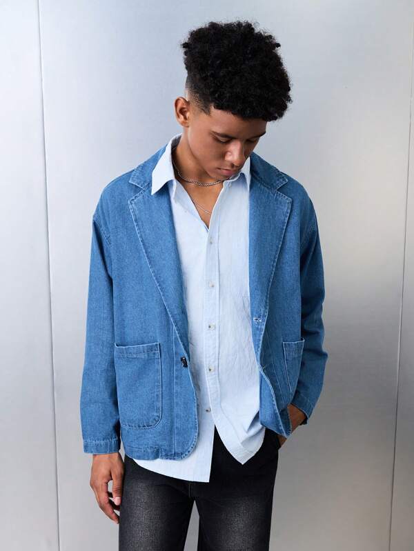 SHEIN Teen Boy Fashion Vintage Casual Blue Denim Long Sleeve Suit Blazer And Boys Winter Coat/Jacket For Dailywear And Fall/Winter Teen Boy Clothes