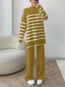 EURMUSE Women Stripe Pattern Button Detailed Round Neck Drop Shoulder Pullover & Sweater Pants Set - Mustard Yellow - View 3
