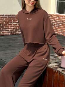 Jouncy 2 件女式纯色字母印花连帽运动衫和裤子套装 - 咖啡棕 - 查看 4