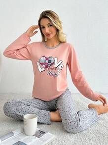 SHEIN Cottnline Bộ đồ ngủ dài tay cổ tròn in chữ 100% cotton và quần dài in họa tiết toàn thân cho nữ - Màu Hồng  Dưa hấu - Xem 5