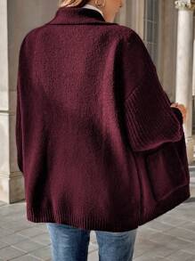Calvaya كارديجان محبوك بأكمام طويلة وجيوب, لون سادة, نمط كاجوال لأحجام إضافية، شتوي - عنابي اللون - مشاهدة 2